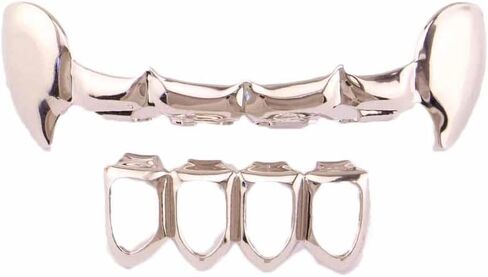 Psivika Gold Plated Shiny Hip Hop Teeth Grillz Caps Iced Out CZ Top and Bottom Vampire Fangs Grillz for Men and Women in Saudi Arabia
