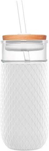 Ello Devon 18oz Glass Tumbler with Straw, Friction Fit Bamboo Wood Lid and Silicone Sleeve | Perfect for Iced Coffee, Tea, and Smoothies in Saudi Arabia