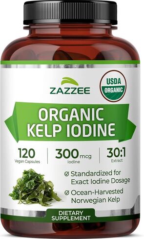 Zazzee USDA Organic Kelp Iodine 30:1 Extract, 300 mcg per Capsule, 120 Vegan Capsules, 4 Month Supply, Ocean-Harvested Norwegian Kelp, Standardized to 1% Iodine for Exact Dosage, Thyroid Support in Saudi Arabia