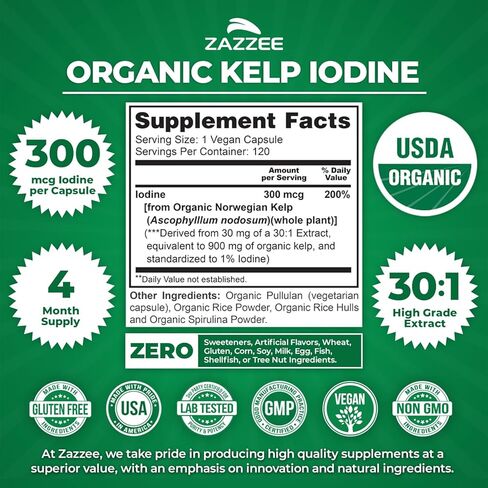 Zazzee USDA Organic Kelp Iodine 30:1 Extract, 300 mcg per Capsule, 120 Vegan Capsules, 4 Month Supply, Ocean-Harvested Norwegian Kelp, Standardized to 1% Iodine for Exact Dosage, Thyroid Support in Saudi Arabia