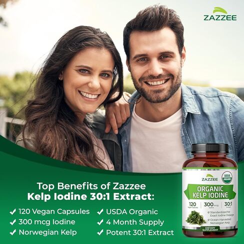 Zazzee USDA Organic Kelp Iodine 30:1 Extract, 300 mcg per Capsule, 120 Vegan Capsules, 4 Month Supply, Ocean-Harvested Norwegian Kelp, Standardized to 1% Iodine for Exact Dosage, Thyroid Support in Saudi Arabia