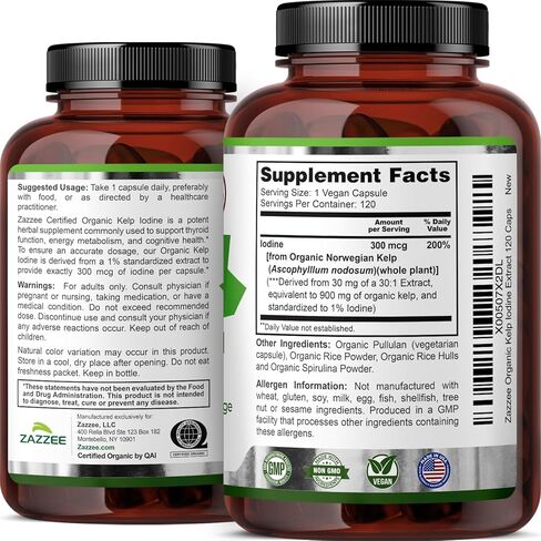 Zazzee USDA Organic Kelp Iodine 30:1 Extract, 300 mcg per Capsule, 120 Vegan Capsules, 4 Month Supply, Ocean-Harvested Norwegian Kelp, Standardized to 1% Iodine for Exact Dosage, Thyroid Support in Saudi Arabia
