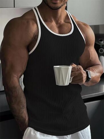 Men's Knitted Vertical Striped Tank Tops Summer Crew Neck Casual Athletic Gym Fitness Muscle Tee Shirts Quick Drying Vest in Saudi Arabia