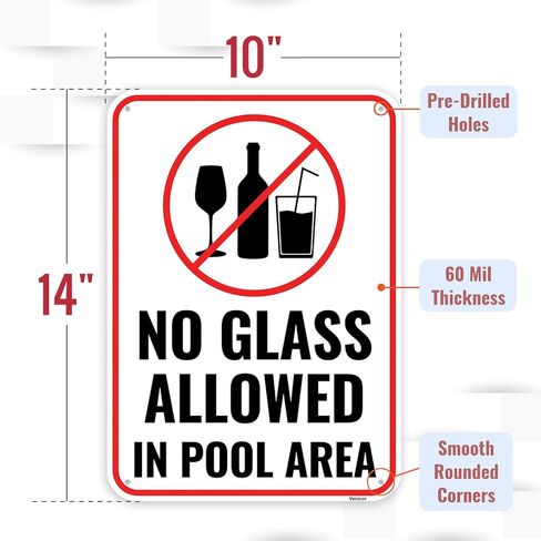 1PC No Glass In Pool Area Sign, 14 x 10 Inches - Aluminum - Pool Warning Safety Signs in Saudi Arabia