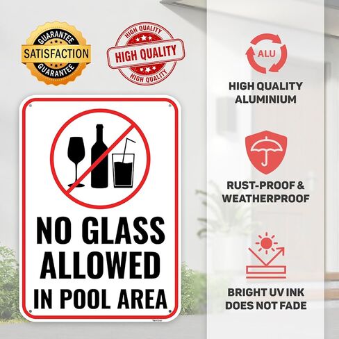 1PC No Glass In Pool Area Sign, 14 x 10 Inches - Aluminum - Pool Warning Safety Signs in Saudi Arabia