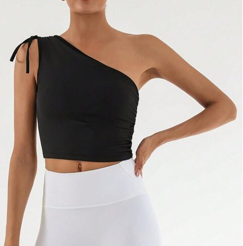 Womens One Shoulder Workout Tops Quick Dry Yoga Support Crop Tops for Running Yoga Fitness in Saudi Arabia