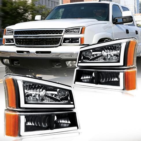 LED DRL Headlight, Headlights Assembly Kit Compatible with 2007 2008 2009 2010 2011 2012 2013 Chevy Silverado 1500/2007-2014 Silverado 2500 3500 or HD Headlamp Black Housing Amber Reflector in Saudi Arabia