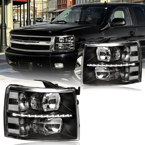 LED DRL Headlight, Headlights Assembly Kit Compatible with 2007 2008 2009 2010 2011 2012 2013 Chevy Silverado 1500/2007-2014 Silverado 2500 3500 or HD Headlamp Black Housing Amber Reflector in Saudi Arabia