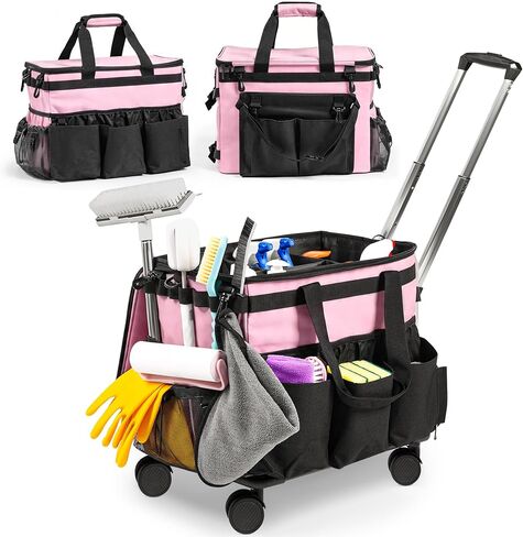 Large Rolling Cleaning Caddy Bag w/Detachable Trolley & Lid - Portable Cleaning Cart on Wheels w/Shoulder Strap & Waist Pouch - Cleaning Supplies & Tool Organizer for Home, Office, Car (Pink) in Saudi Arabia