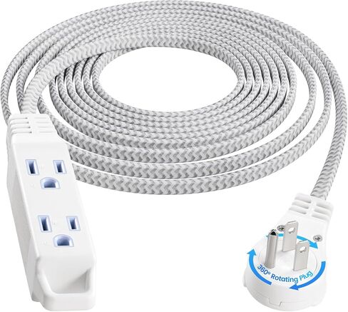 SURAIELEC 15FT 360° Rotating Extension Cord with Multiple Outlets, 3-Outlet Braided Flat Wall Plug, 16 AWG Thin White Extension Cord for Indoor Lights, Small Spaces, Right Angle Socket, ETL Listed in Saudi Arabia