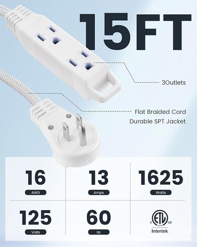 SURAIELEC 15FT 360° Rotating Extension Cord with Multiple Outlets, 3-Outlet Braided Flat Wall Plug, 16 AWG Thin White Extension Cord for Indoor Lights, Small Spaces, Right Angle Socket, ETL Listed in Saudi Arabia