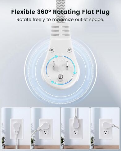 SURAIELEC 15FT 360° Rotating Extension Cord with Multiple Outlets, 3-Outlet Braided Flat Wall Plug, 16 AWG Thin White Extension Cord for Indoor Lights, Small Spaces, Right Angle Socket, ETL Listed in Saudi Arabia