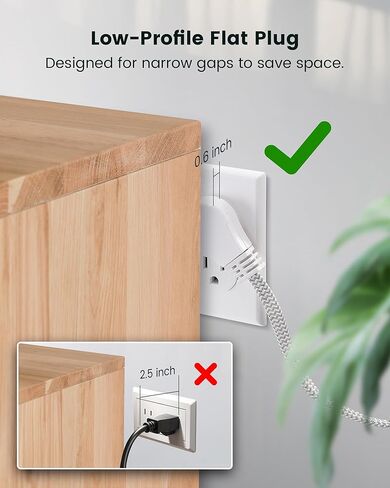 SURAIELEC 15FT 360° Rotating Extension Cord with Multiple Outlets, 3-Outlet Braided Flat Wall Plug, 16 AWG Thin White Extension Cord for Indoor Lights, Small Spaces, Right Angle Socket, ETL Listed in Saudi Arabia