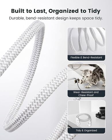 SURAIELEC 15FT 360° Rotating Extension Cord with Multiple Outlets, 3-Outlet Braided Flat Wall Plug, 16 AWG Thin White Extension Cord for Indoor Lights, Small Spaces, Right Angle Socket, ETL Listed in Saudi Arabia