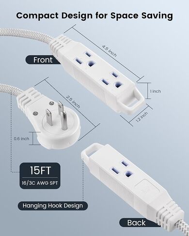 SURAIELEC 15FT 360° Rotating Extension Cord with Multiple Outlets, 3-Outlet Braided Flat Wall Plug, 16 AWG Thin White Extension Cord for Indoor Lights, Small Spaces, Right Angle Socket, ETL Listed in Saudi Arabia