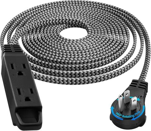 SURAIELEC 15FT 360° Rotating Extension Cord with Multiple Outlets, 3-Outlet Braided Flat Wall Plug, 16 AWG Thin White Extension Cord for Indoor Lights, Small Spaces, Right Angle Socket, ETL Listed in Saudi Arabia