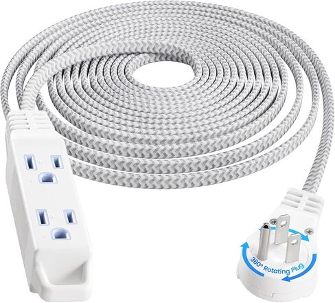 SURAIELEC 15FT 360° Rotating Extension Cord with Multiple Outlets, 3-Outlet Braided Flat Wall Plug, 16 AWG Thin White Extension Cord for Indoor Lights, Small Spaces, Right Angle Socket, ETL Listed in Saudi Arabia