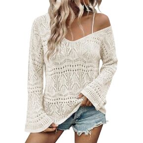 Cakulo Womens Summer Off Shoulder Sweater Crochet Bell Sleeve Boho Tops 2026 Beach Cover Up Vacation Outfits Beige XL in Kuwait