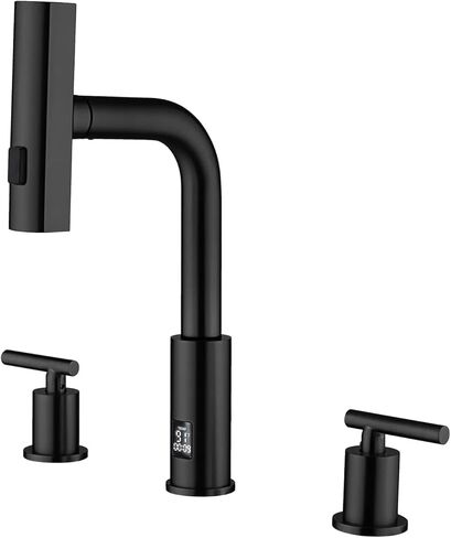 صنبور حمام قابل للسحب من Lefton Waterfall 3 فتحات مع عرض درجة الحرارة بالفهرنهايت (خالية من البطارية)، صنبور زينة واسع الانتشار مقاس 8 بوصات لحوض الحمام بمقبضين، ذهبي مصقول، BFWS2401-6 in Kuwait