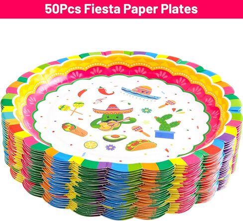 ceiba tree 50Pcs Mexican Fiesta Paper Plates Cinco de Mayo Disposable 9 Inch Fiesta Dinner Dessert Plates Pinata Mexico Taco Dinner Dance Party Tableware Decorations Supplies in Saudi Arabia