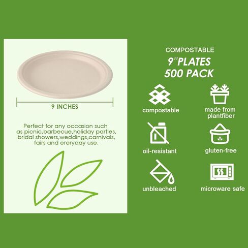 Vplus 500 Pack Paper Plates 9 inch 100% Compostable, Heavy-Duty Disposable Paper Plates Bagasse Natural Biodegradable Eco-Friendly Sugarcane（Nature） in Saudi Arabia