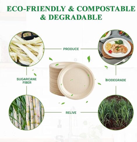 Vplus 500 Pack Paper Plates 9 inch 100% Compostable, Heavy-Duty Disposable Paper Plates Bagasse Natural Biodegradable Eco-Friendly Sugarcane（Nature） in Saudi Arabia