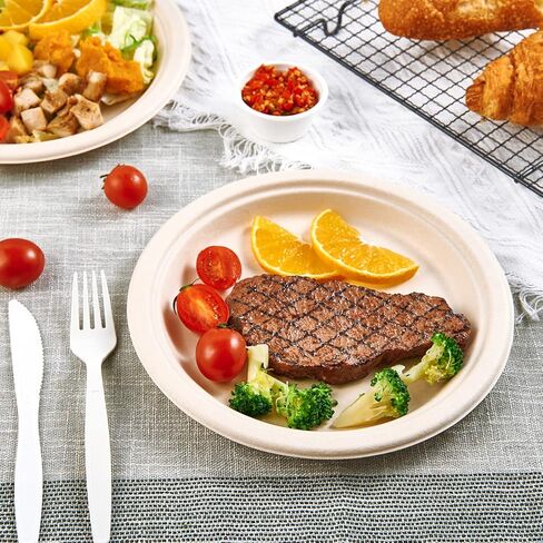 Vplus 500 Pack Paper Plates 9 inch 100% Compostable, Heavy-Duty Disposable Paper Plates Bagasse Natural Biodegradable Eco-Friendly Sugarcane（Nature） in Saudi Arabia