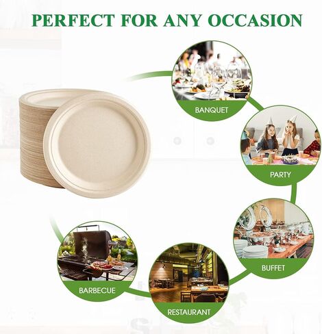 Vplus 500 Pack Paper Plates 9 inch 100% Compostable, Heavy-Duty Disposable Paper Plates Bagasse Natural Biodegradable Eco-Friendly Sugarcane（Nature） in Saudi Arabia