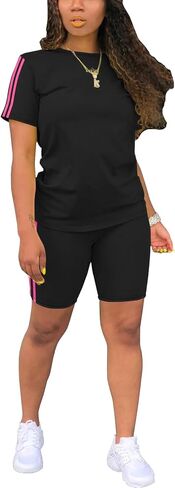 STOLKISS Women 2 piece Short Sets Classic Striped Outfits Summer Casual Short Sleeve T-Shirt and Short Jogger Tracksuits Sets in Saudi Arabia