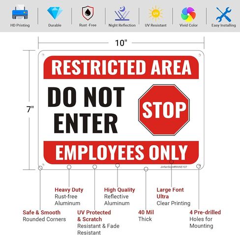 (4 Pack) Restricted Area Sign, Do Not Enter Employees Only Sign, 10"x7" Restricted Area Employees Only Signs, Rust Free Reflective Aluminum, Weather Resistant, UV Protected, Easy to Install in Saudi Arabia
