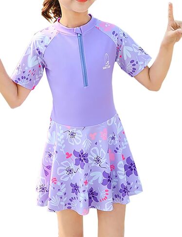 Girls Swimsuit Girls One Piece Skirted Swimsuit Short Sleeve Floral Rash Guard Bathing Suit Swim Dress Swimwear in Saudi Arabia