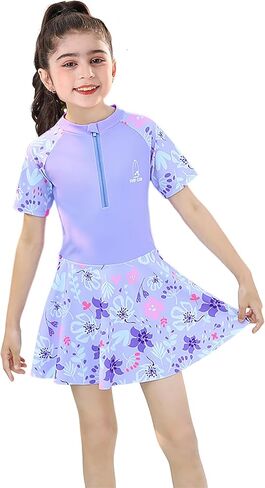 Girls Swimsuit Girls One Piece Skirted Swimsuit Short Sleeve Floral Rash Guard Bathing Suit Swim Dress Swimwear in Saudi Arabia