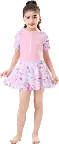 Girls Swimsuit Girls One Piece Skirted Swimsuit Short Sleeve Floral Rash Guard Bathing Suit Swim Dress Swimwear in Saudi Arabia