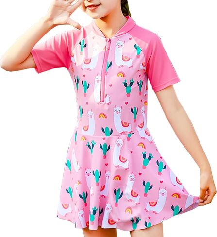 Girls Swimsuit Girls One Piece Skirted Swimsuit Short Sleeve Floral Rash Guard Bathing Suit Swim Dress Swimwear in Saudi Arabia