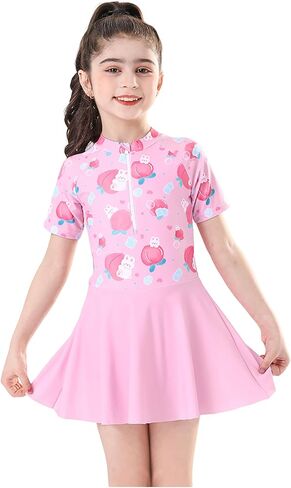 Girls Swimsuit Girls One Piece Skirted Swimsuit Short Sleeve Floral Rash Guard Bathing Suit Swim Dress Swimwear in Saudi Arabia