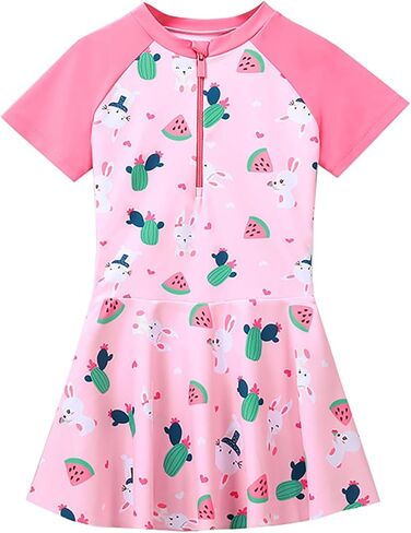 Girls Swimsuit Girls One Piece Skirted Swimsuit Short Sleeve Floral Rash Guard Bathing Suit Swim Dress Swimwear in Saudi Arabia