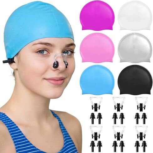 Syhood 6 Sets Swim Cap with Ear Plug & Nose Clip - 6 Color Unisex Silicone Summer Swimming Hat Set Bulk for Women Men Pool Beach Water Park in Saudi Arabia