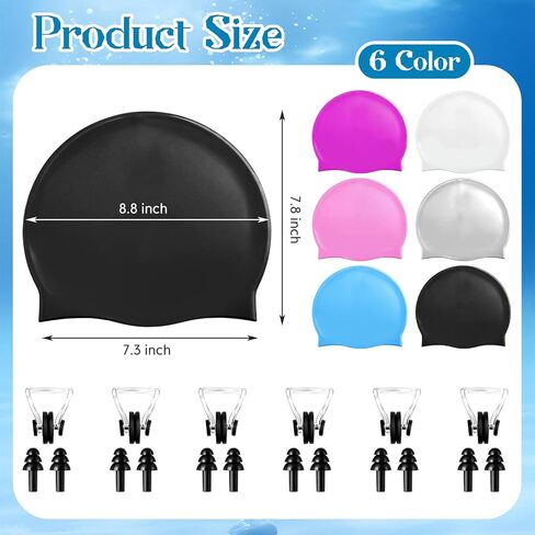 Syhood 6 Sets Swim Cap with Ear Plug & Nose Clip - 6 Color Unisex Silicone Summer Swimming Hat Set Bulk for Women Men Pool Beach Water Park in Saudi Arabia