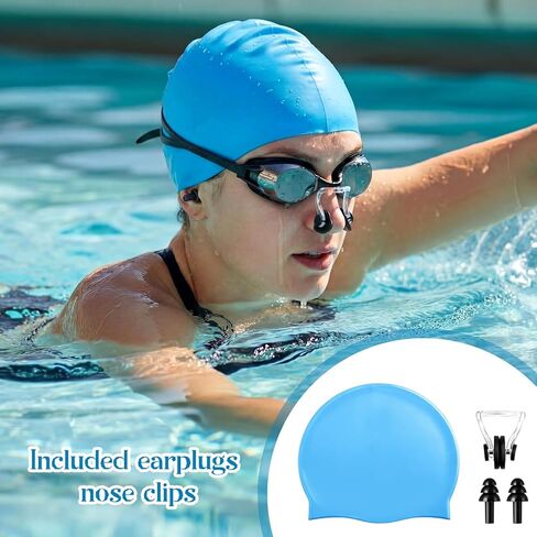 Syhood 6 Sets Swim Cap with Ear Plug & Nose Clip - 6 Color Unisex Silicone Summer Swimming Hat Set Bulk for Women Men Pool Beach Water Park in Saudi Arabia
