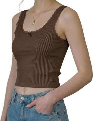 Women's Lace Trim Ribbed Tank Tops, Sexy Square Neck Wide Strap Camisole with Bow, Slim Fit Y2K Going Out Cami Tops in Saudi Arabia