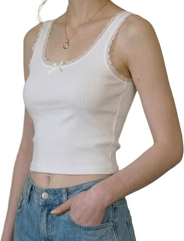 Women's Lace Trim Ribbed Tank Tops, Sexy Square Neck Wide Strap Camisole with Bow, Slim Fit Y2K Going Out Cami Tops in Saudi Arabia