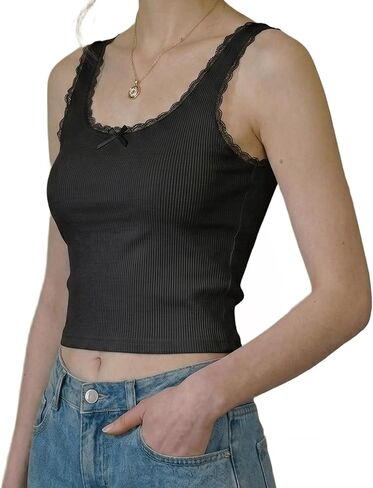 Women's Lace Trim Ribbed Tank Tops, Sexy Square Neck Wide Strap Camisole with Bow, Slim Fit Y2K Going Out Cami Tops in Saudi Arabia