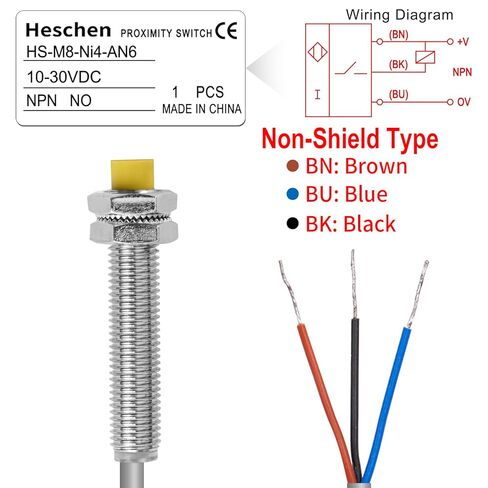 مفتاح مستشعر القرب الحثي 4 مم من Heschen، HS-M8-Ni4-AN6، غير مضمن، نوع أسطواني، DC10-30V 200mA، NPN NO (مفتوح عادة)، 3 أسلاك، CE، أصفر in Saudi Arabia