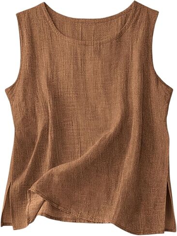 Linen Tank Tops for Women Plus Size Side Split Crewneck Cotton Shirts Loose Casual Lightweight Summer Gauze Blouses in Saudi Arabia