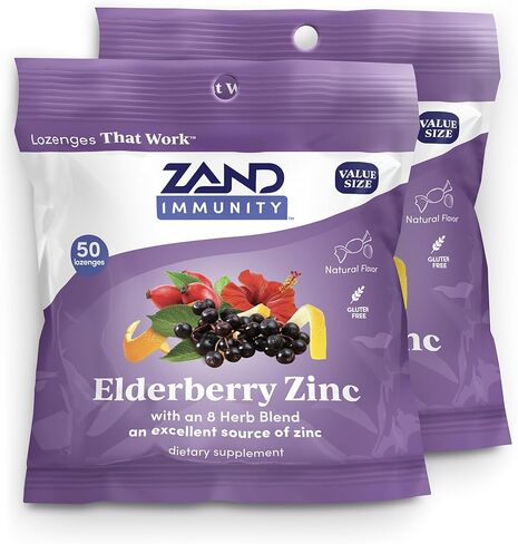 ZAND Immunity Elderberry Zinc الحلق معينات 2-حزمة - معينات الفم الجافة جيدة بالنسبة لك، مكملات دعم المناعة مع Elderberry، الزنك 5 ملغ - تهدئة الحلق الجاف، نكهة طبيعية، خالية من الغلوتين، 50ct لكل عصام in Kuwait