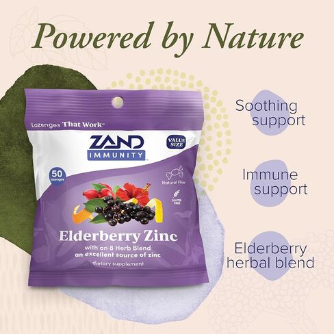 ZAND Immunity Elderberry Zinc الحلق معينات 2-حزمة - معينات الفم الجافة جيدة بالنسبة لك، مكملات دعم المناعة مع Elderberry، الزنك 5 ملغ - تهدئة الحلق الجاف، نكهة طبيعية، خالية من الغلوتين، 50ct لكل عصام in Kuwait