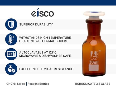 زجاجة كاشف كهرماني سعة 500 مل من Eisco Labs، فم ضيق مع سدادة بولي بروبيلين مقاومة للحمض، حجم المقبس 24/29 in Saudi Arabia