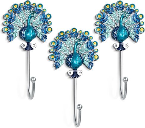 Decorative Metal Hanging Hooks, 3-Pack – Toucan, Peacock, Butterfly and Blossom Design | Wall Hooks for Indoors & Outdoors (Peacock Blue) in Kuwait