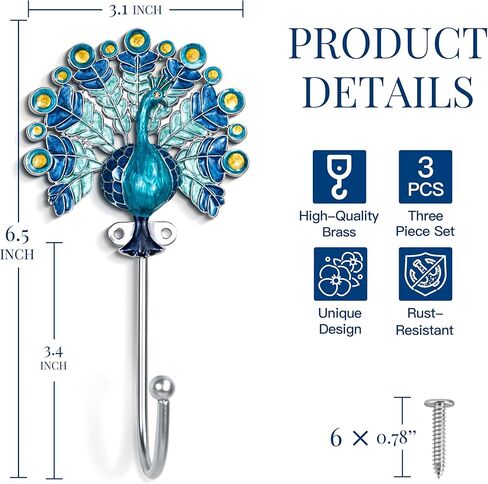 Decorative Metal Hanging Hooks, 3-Pack – Toucan, Peacock, Butterfly and Blossom Design | Wall Hooks for Indoors & Outdoors (Peacock Blue) in Kuwait