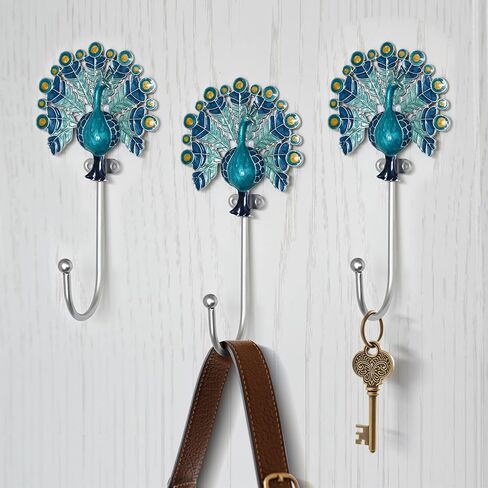 Decorative Metal Hanging Hooks, 3-Pack – Toucan, Peacock, Butterfly and Blossom Design | Wall Hooks for Indoors & Outdoors (Peacock Blue) in Kuwait